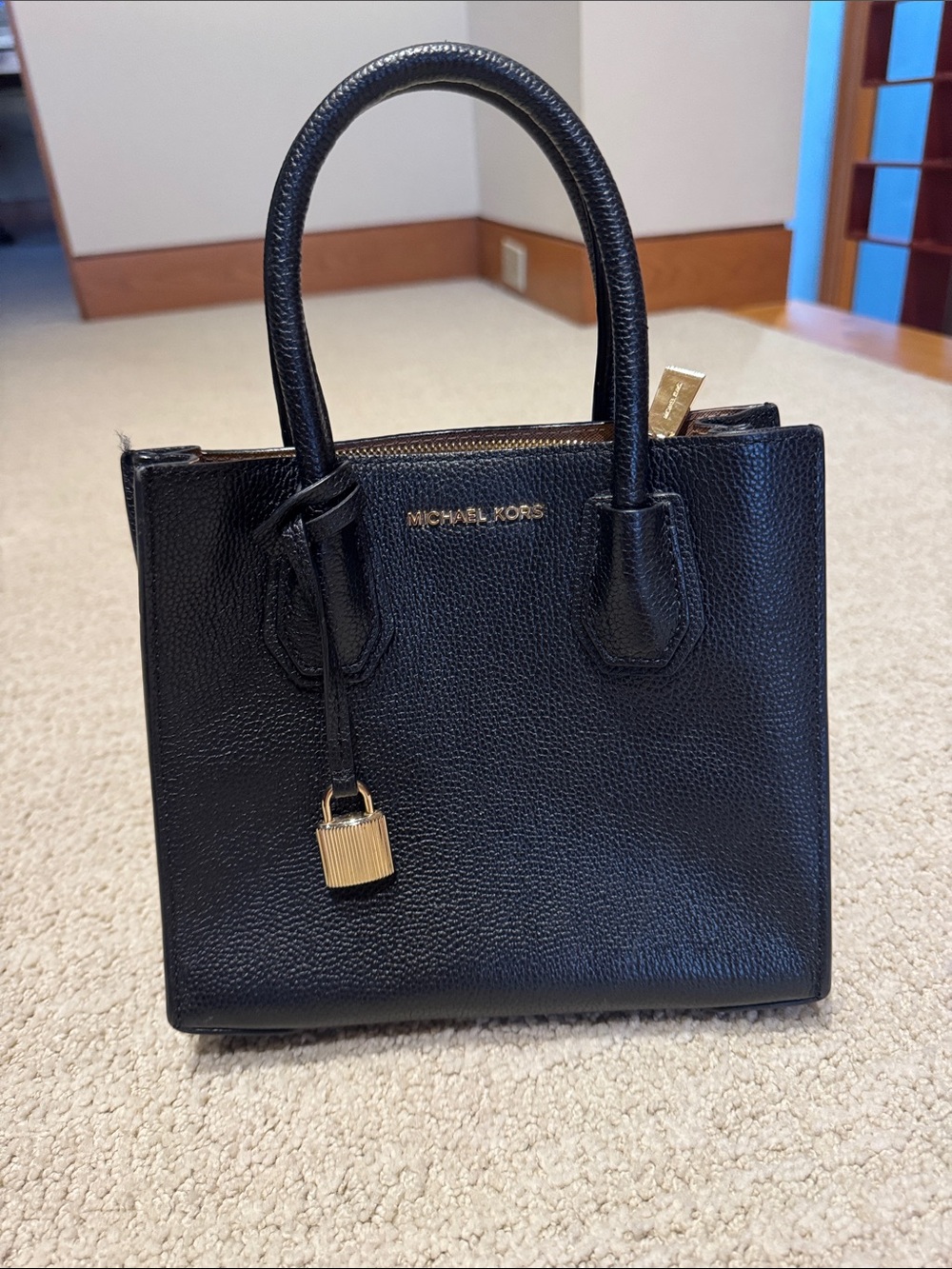 Michael Kors Black Leather Mini Satchel with Gold Lock
